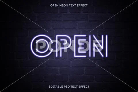 Open purple neon editable text effect on brick wall PSD Template