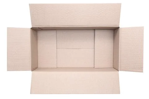 Open rectangular cardboard box on a white background. Isolated. Top view. Stock Photos
