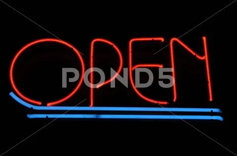 Open red and blue neon sign Stock Photos