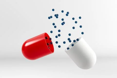 Open red and white capsule releasing glossy blue spherical particles - 3D r.. Stock Illustration