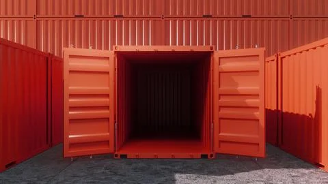 Open red cargo container with stacked containers in background Stock Illustration