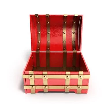 Open red chest empty 3d render on a white background Illustrazione stock