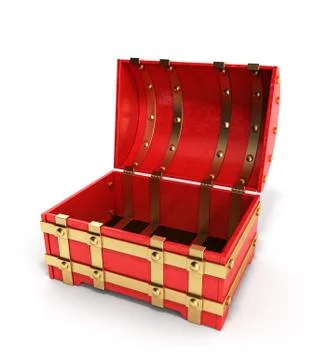 Open red chest empty 3d render on a white background Illustrazione stock