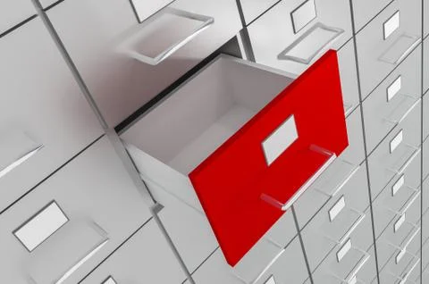 Open red empty drawer of cabinet - business and administration concept. 3D re Illustrazione stock