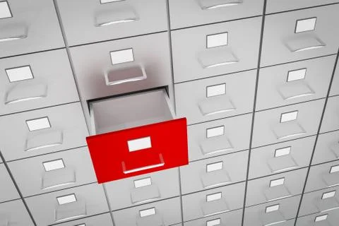 Open red empty drawer of cabinet - business and administration concept. 3D re Stock Illustration