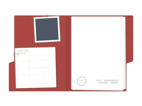 Open Red Folder Mockup with Blank Documents, Photo, and Table Illustrazione stock