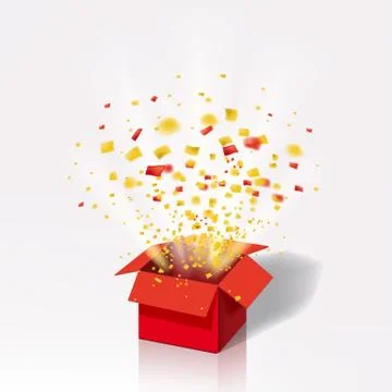 Open Red Gift Box and Colour Confetti. Bright Rays. Vector Illustration Stockillustratie