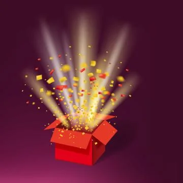 Open Red Gift Box and Colour Confetti. Bright Rays. Vector Illustration Stockillustratie