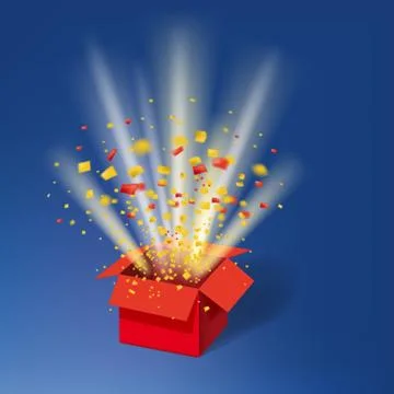 Open Red Gift Box and Colour Confetti. Bright Rays. Vector Illustration Stockillustratie