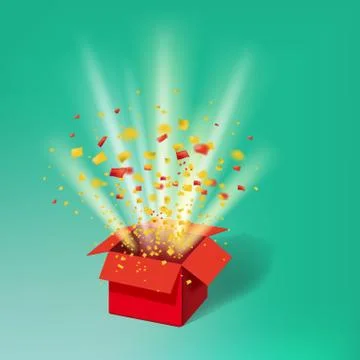 Open Red Gift Box and Colour Confetti. Bright Rays. Vector Illustration Stockillustratie