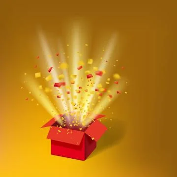 Open Red Gift Box and Colour Confetti. Bright Rays. Vector Illustration Illustrazione stock