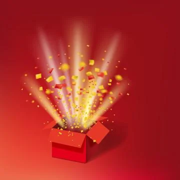 Open Red Gift Box and Colour Confetti. Bright Rays. Vector Illustration Stockillustratie