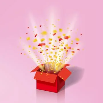Open Red Gift Box and Colour Confetti. Bright Rays. Vector Illustration イラスト素材