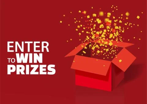 Open Red Gift Box and Confetti With Colorful Particles. Enter to Win Prizes 스톡 일러스트