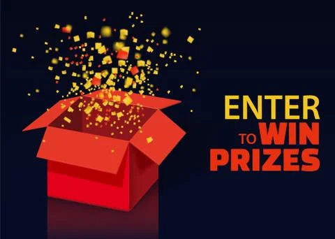 Open Red Gift Box and Confetti With Colorful Particles. Enter to Win Prizes Illustrazione stock