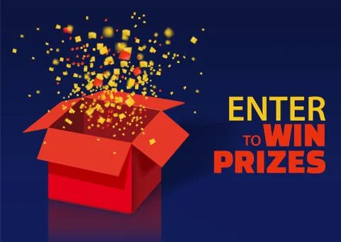 Open Red Gift Box and Confetti With Colorful Particles. Enter to Win Prizes 스톡 일러스트