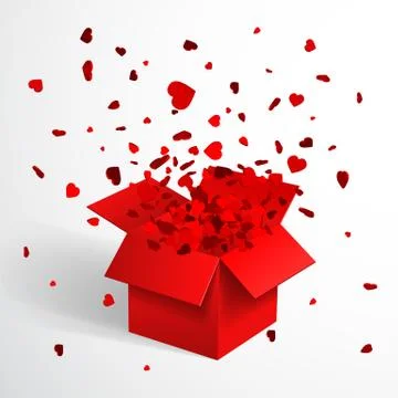 Open Red Gift Box and Heart Confetti. Christmas and Valentine Background. Vec 스톡 일러스트