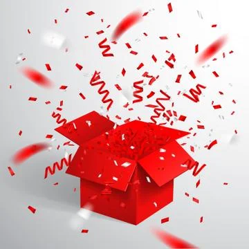Open Red Gift Box and Confetti. Christmas and Valentine Background. Vector Il Stock Illustration
