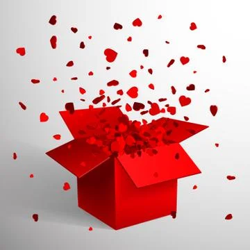 Open Red Gift Box and Heart Confetti. Christmas and Valentine Background. Vec 스톡 일러스트