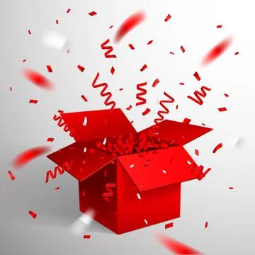 Open Red Gift Box and Confetti. Christmas and Valentine Background. Vector Il Stockillustratie