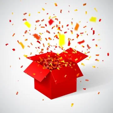 Open red Gift Box and Confetti. Vector Illustration. Stock Illustration