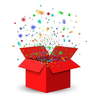 Open Red Gift Box and Confetti. Illustrazione stock