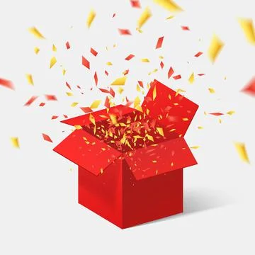 Open Red Gift Box and Confetti. Vector Illustration. Illustrazione stock