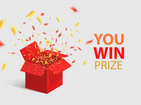 Open Red Gift Box and Confetti. You Win Prize. Vector Illustration. Illustrazione stock