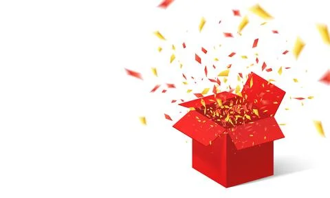 Open Red Gift Box and Confetti. Vector Illustration. Stock-Illustration