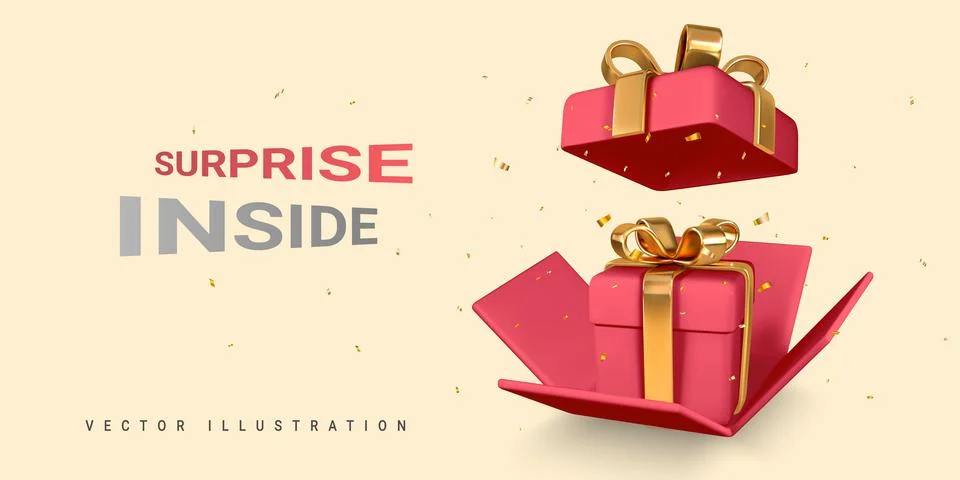 Open red Gift Box and Confetti on yellow background. Surprise inside. Vector  스톡 일러스트