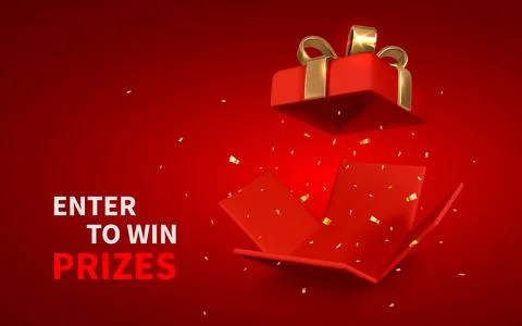 Open red Gift Box and Confetti on red background. Enter to Win Prizes. Vector Stock Illustration