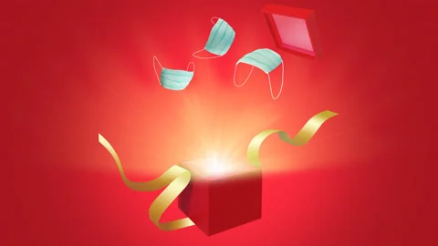 Open red gift box with bright rays of light with facial medical masks going out. Stock Footage 142818287
