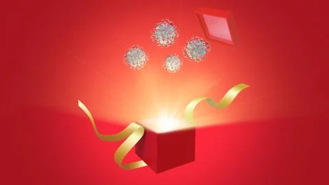 Open red gift box with bright rays of light with Covid cells going out. Stock Illustration