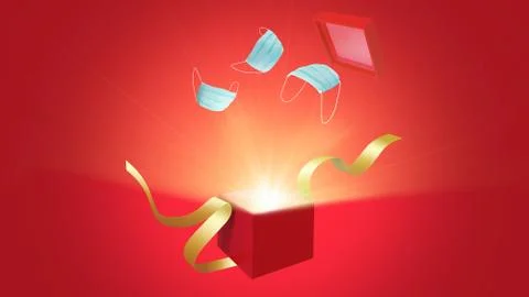 Open red gift box with bright rays of light with facial medical masks going out. Stock Illustration
