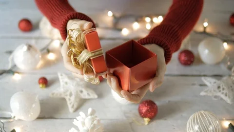 Open red gift box with Christmas decoration Stock Footage 95224153