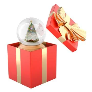 Open red gift box with glass snow globe with a decorated Christmas tree ins.. Stock Illustration