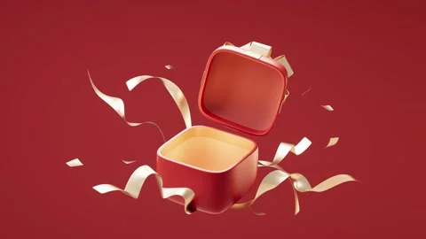 An open red gift box with gold ribbons and confetti falling on a vibrant re.. Video stock 327342581