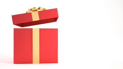 Open red gift box with gold ribbon and bow isolated on white background and copy Stock Illustration