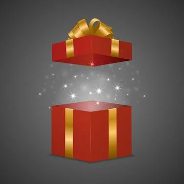 Open Red Gift Box with Gold Ribbon and Soft Magic Sparkles, Vector Illustration Stock Illustration