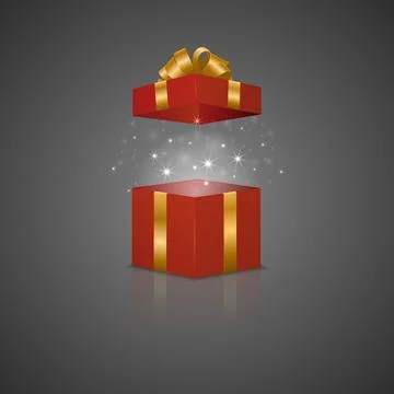 Open Red Gift Box with Gold Ribbon, Soft Magic Sparkles and Reflection, Vector Stock Illustration