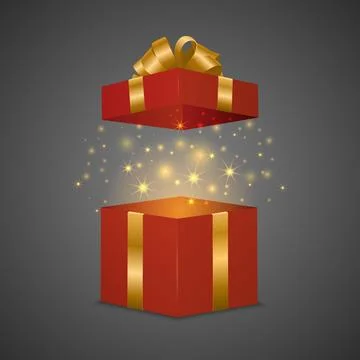 Open Red Gift Box with Golden Ribbon and Bright Magic Light, Vector Illustration Stock Illustration