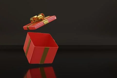 Open red gift box isolated on black background. 3d illustration. Ilustração Stock
