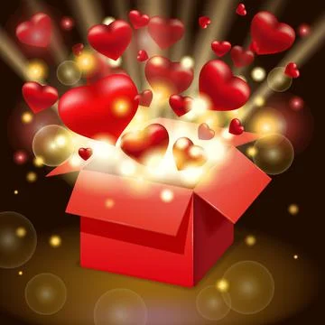 Open red gift box present with flying hearts and bright rays of light, burst Stock Illustration