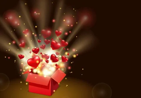 Open red gift box present with flying hearts and bright rays of light, burst Illustrazione stock