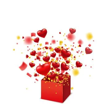 Open red gift box present with flying hearts, burst explosion confetti foil.  Stock Illustration