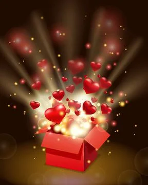 Open red gift box present with flying hearts and bright rays of light, burst Illustrazione stock