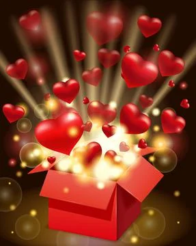 Open red gift box present with flying hearts and bright rays of light, burst Stock Illustration