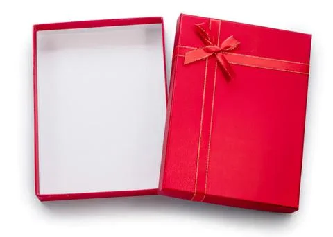 Open red gift box with ribbon and empty interior Stock Photos