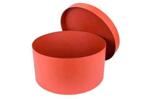 Open red, gift box, round shape made of cardboard Stock Photos