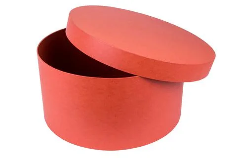Open red, gift box, round shape made of cardboard Stock Photos